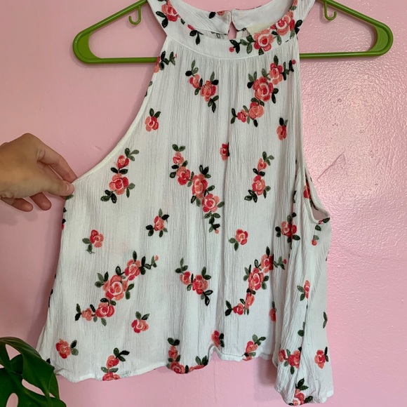 Caution To The Wind Tops - Rose embroidered tank top